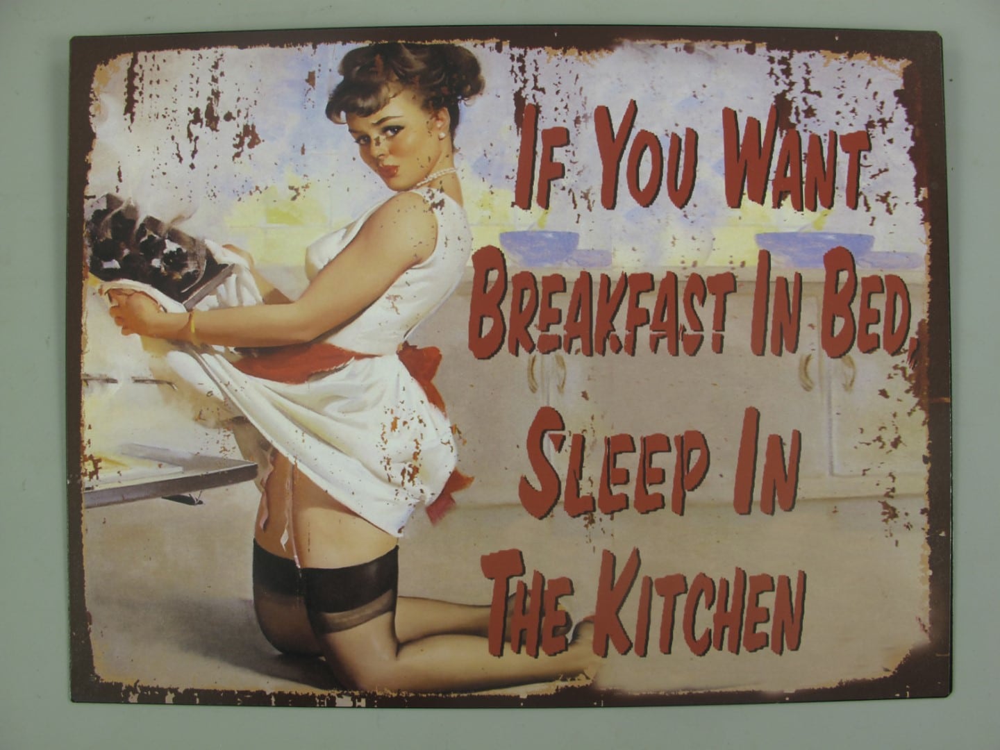 Nostalgie Blechschild, If You Want Breakfast in Bed Sleep in The Kitchen, Wandschild 25x33.