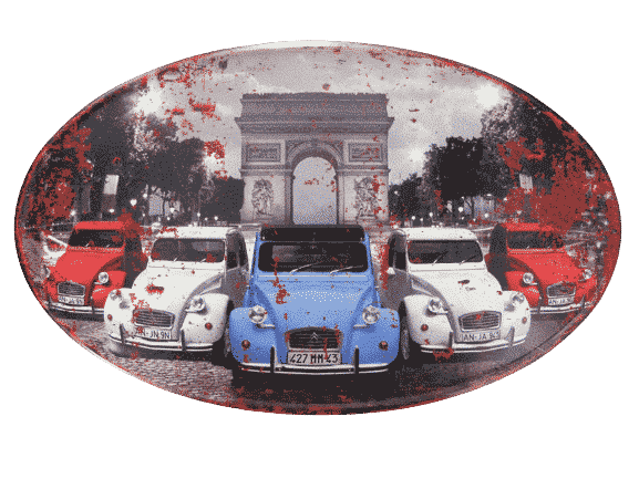 unglaublich tolles ovales Blechschild mit 5 Citroen CV2 vor dem Arc de Triomphe Paris Der Rand ist gebördelt Länge: 57 cm Höhe: 33 cm