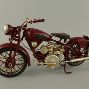 Retro Motorrad Modell rot aus Blech mit goldenem Motor, Speichenrädern, Scheinwerfer & Auspuff – luxuriöses Vintage Modell