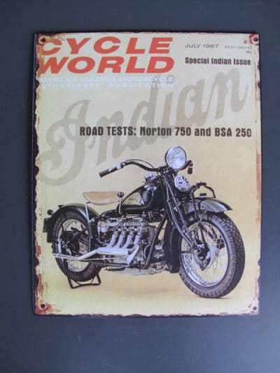 Blechschild, Wandschild Indian Motorrad July 1967, Retro Style 25 x 20 cm Nostalgie Blechschild Cycle World,Indian 1967 Höhe: 25cm Breite: 20cm