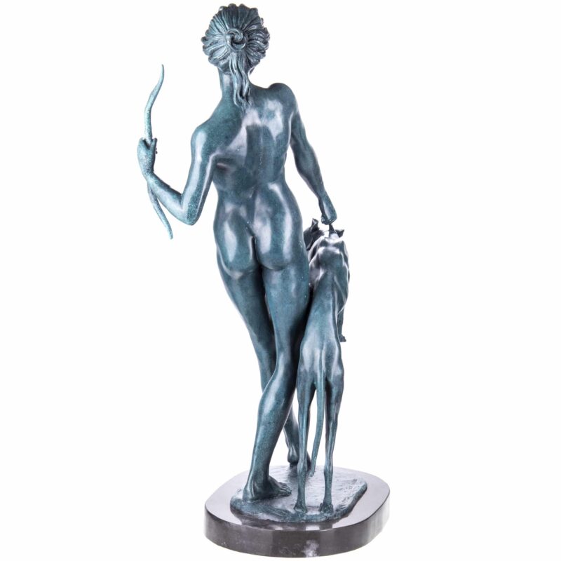 Diana Göttin der Jagd grün Patinierte Bronze Skulptur mit Bogen und Hund, nach E.McCartan