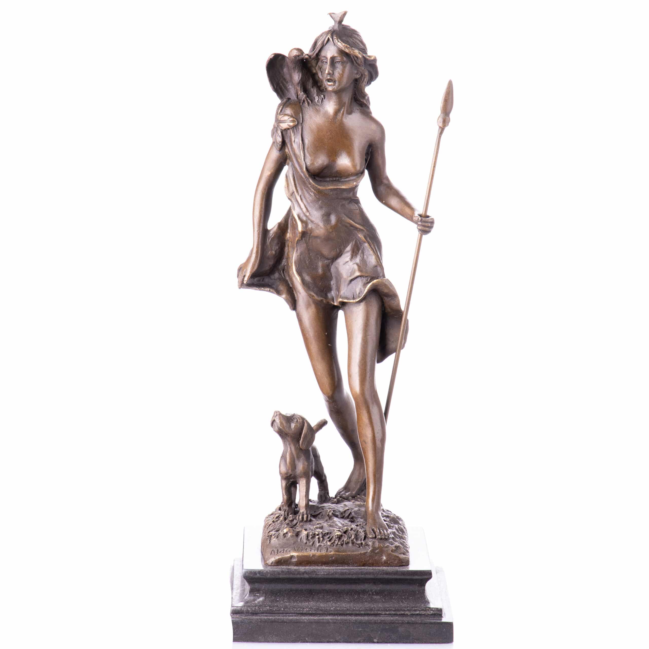 Diana Göttin der Jagd Bronze Skulptur  mit Speer Adler und Hund, Signatur  Aldo Vitaleh