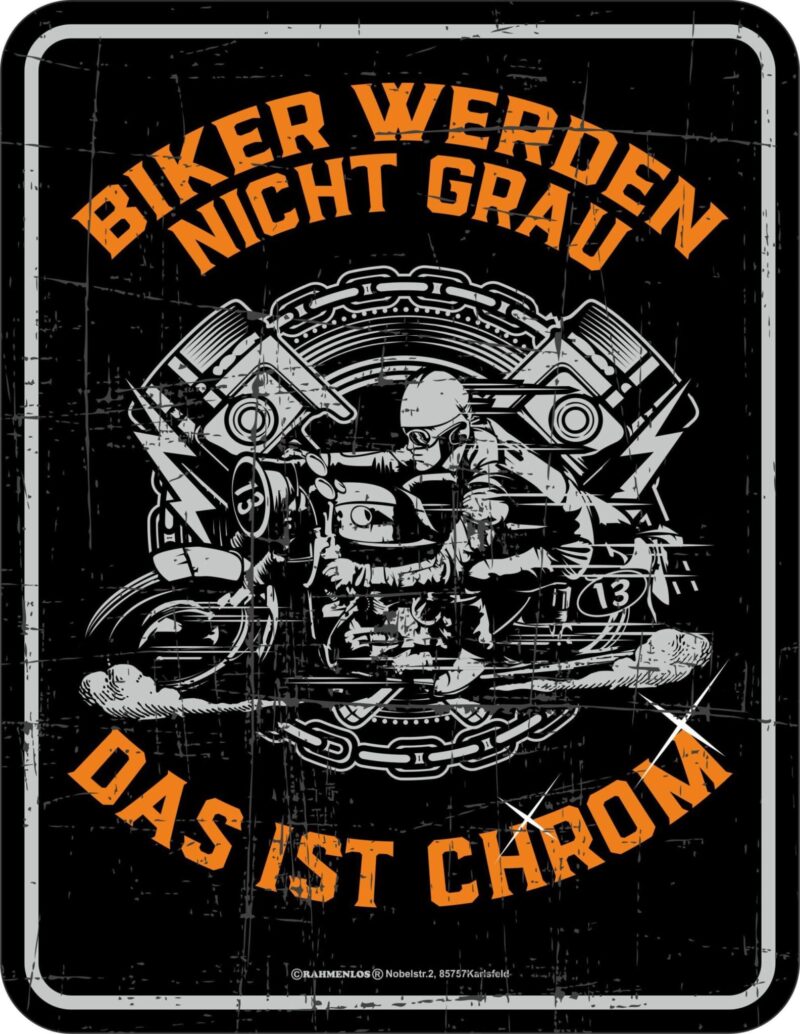Deko Blechschild bedruckt und geprägt, original RAHMENLOS Design Sprüche, mal frech, mal lieb dann Grenzenlos und zuweilen auch Klassisch Sie suchen das bestimmte Geschenk dann sind Sie bei der Beeketruhe-Bremen richtig. Tolles Blechschild " Biker werden nicht Grau" Zum Geburtstag als Mitbringsel zum Abschied für Freunde für Biker für den Pensionär oder Rentner, den Jäger den Anglern es ist immer das richtige Geschenk Maße: 22 x 17 cm Motive lackiert 3mm Bohrung an jeder Ecke Abgerundete Ecken