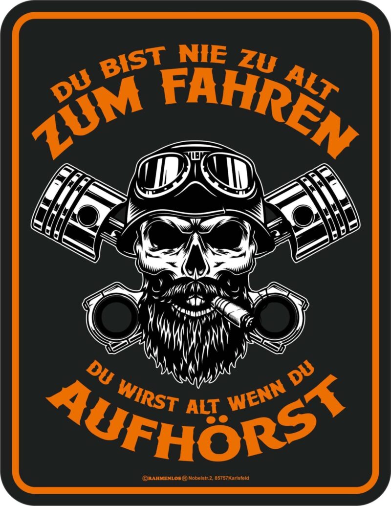 neues original Rahmenlos Blechschild, "Biker nie zu alt" 22 x 17cm