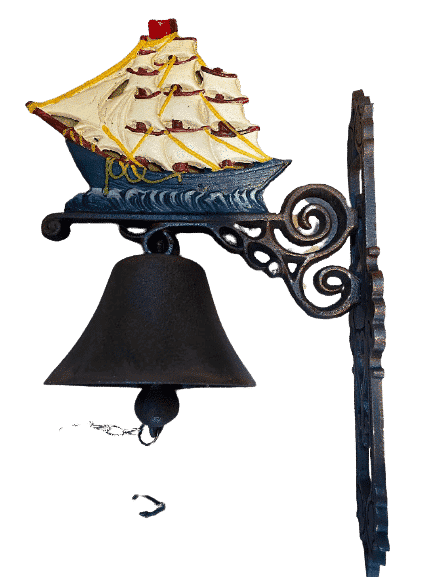Wandglocke Türglocke, Glocke aus Gusseisen mit einem Segelschiff als Motiv H. ca. 32cm