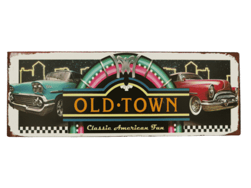 Wir stellen vor, Blechschild Old Town" Classic American Fun H. ca. 13 cm