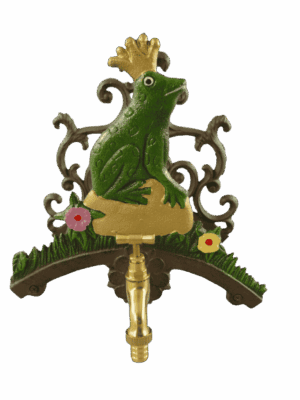 Froschkönig Schlauchhalter Gusseisen mit Wasserhahn und nostalgischem Design, grüner Frosch mit Krone auf dekorativer Halterung für Gartenschlauch