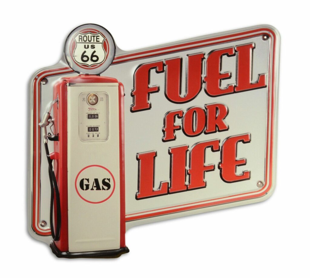 Blechschild gestanzt Fuel for Life Biker Zapfsäule 46 x 48 cm Metallschild Wandschild