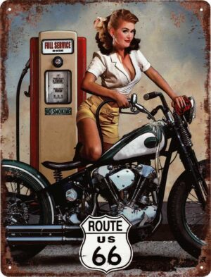 Blechschild Route 66 Pin Up Zapfsäule 25 x 33 cm Metallschild Wandschild