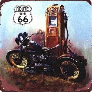 Blechschild Route US 66 Zapfsäule Motorrad 30 x 30 cm Metallschild Wandschild