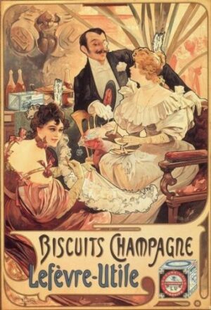 geniales Blechschild Alphonse Mucha Kekse Champagner Lefevre-Utile H. 40 cm