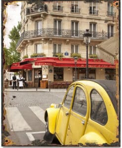 Blechschild Bistro Frankreich gelbe Ente Vintage Retro Deko 33 x 25 cm