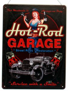 Blechschild Hot Rod Garage Service with a Smile, Wandschild Werbeschild 25 x 33 cm