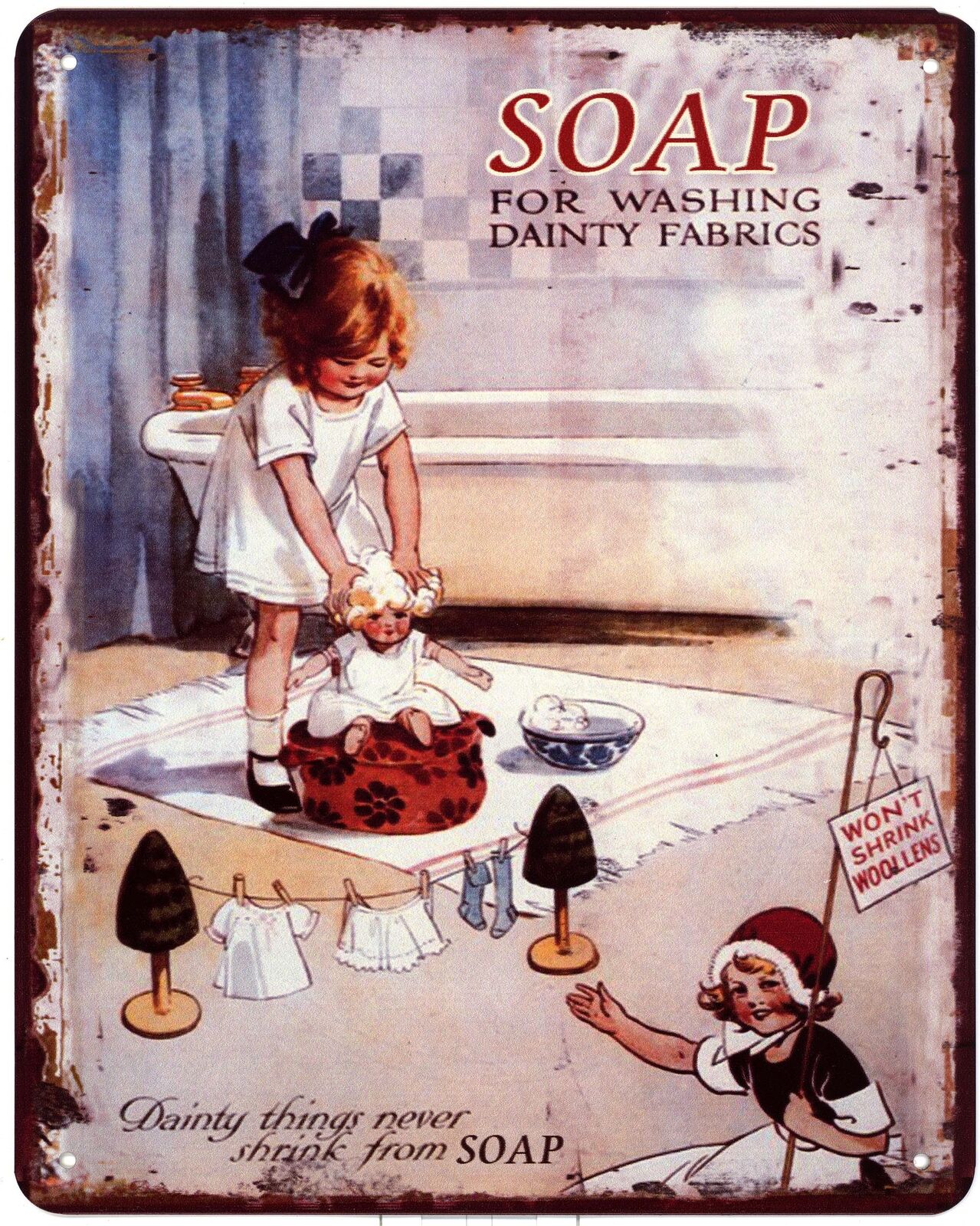 Blechschild Soap, Mädchen wäscht Puppe die Haare Retro Vintage 20 25 cm