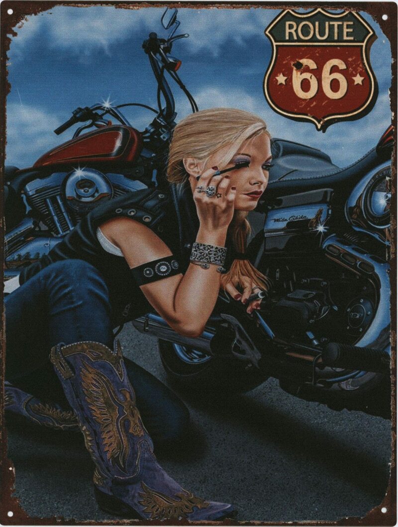 Blechschild Blonde Bikerin Route 66 Vintage Nostalgie Retro