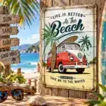 VW Bulli Beach Blechschild 20x30 cm – Life is Better at the Beach Retro-Deko! 2 Life Is Better At The Beach Blechschild mit VW Bulli und Surfbrett