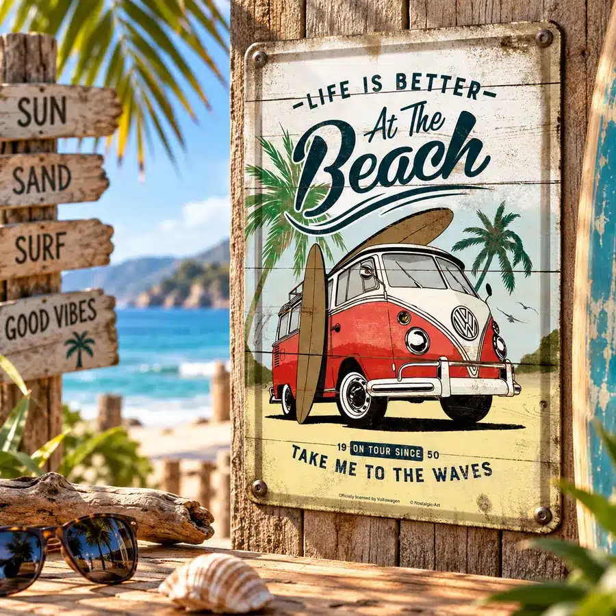 VW Bulli Beach Blechschild 20x30 cm – Life is Better at the Beach Retro-Deko! 3 Life Is Better At The Beach Blechschild mit VW Bulli und Surfbrett