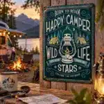 Happy Camper Blechschild 30x40cm – Das Ultimative XXL Retro-Schild für echte Outdoor-Fans 2 Happy Camper Blechschild mit Campingmotiv, Wohnmobil und Lagerfeuer
