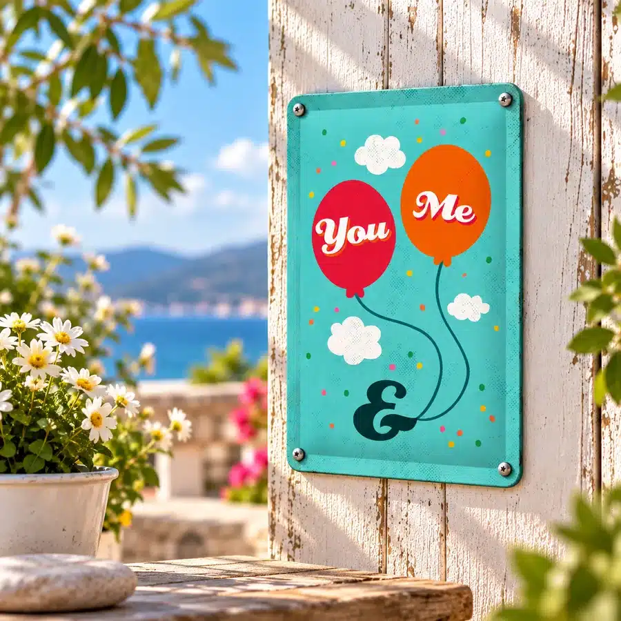 You & Me Blechschild mit Luftballons und Wolken